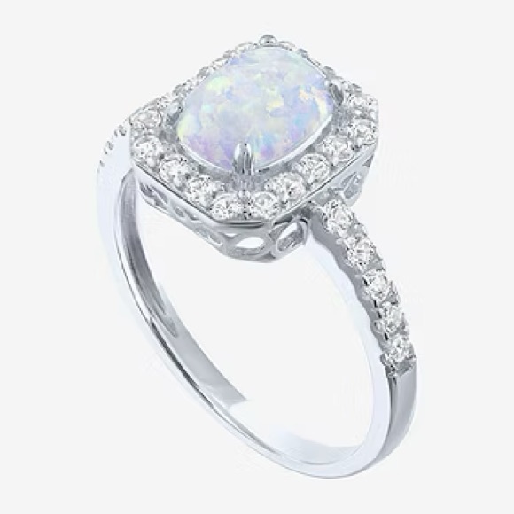 Womens Lab Created White Opal Sterling Silver Cushion Halo Cocktail Ring - Picture 2 of 6
